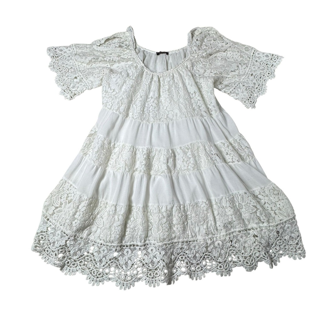 Lola Italy White Dress Lace Loose Embroidered Mini Boho Size S/M‎